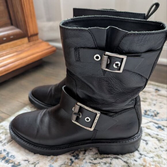 Rag & Bone Women`s Moto Combat Boots Black Leather Buckle Logo Sz US 7,5 - Picture 3 of 16